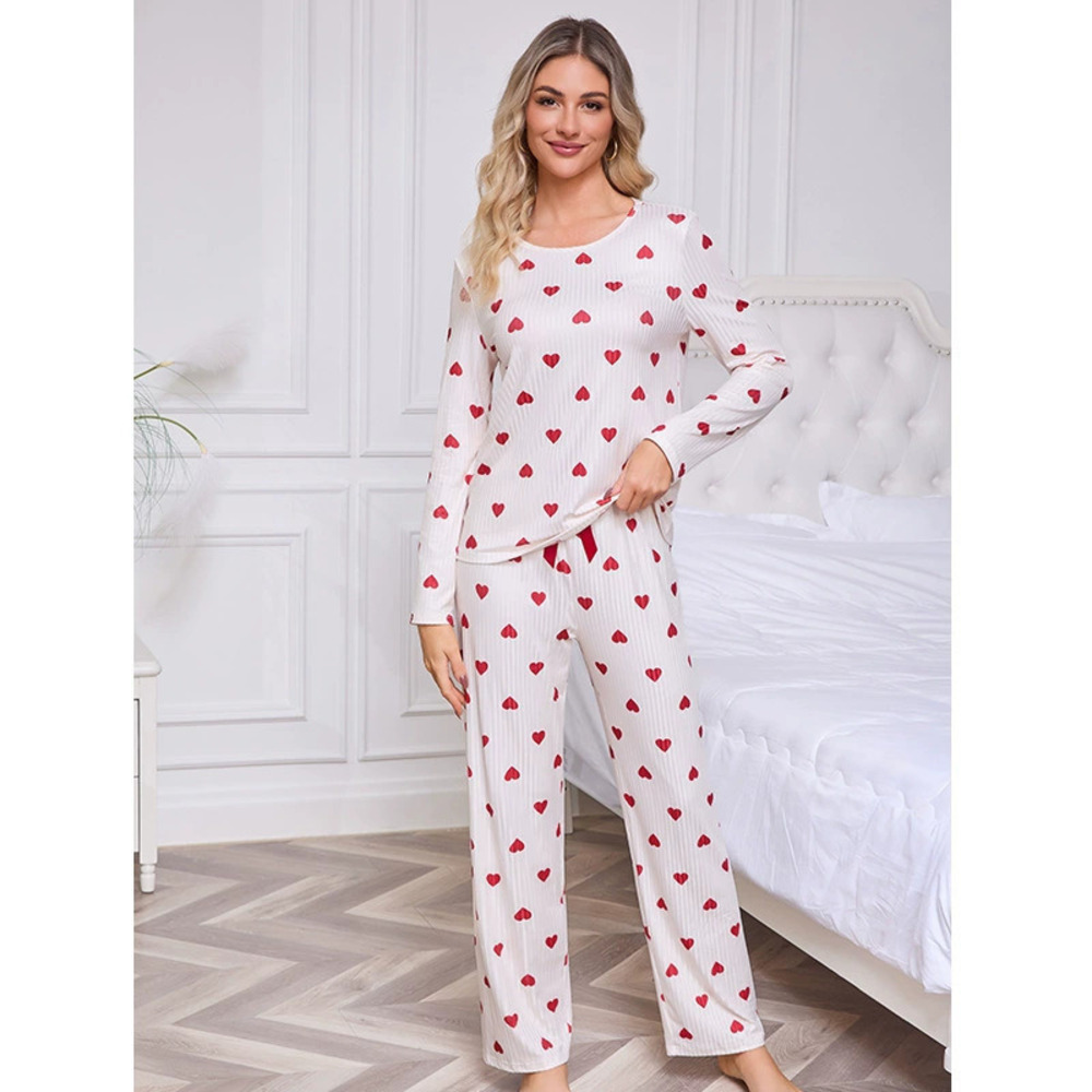 ZARA Milk Silk Long Sleeve Pajama Set Women Cotton Like Heart Print Loungewear